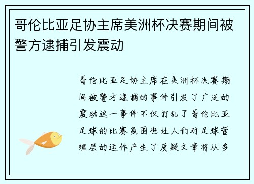 哥伦比亚足协主席美洲杯决赛期间被警方逮捕引发震动 哥伦比亚足协主席美洲杯决赛期间被警方逮捕引发震动